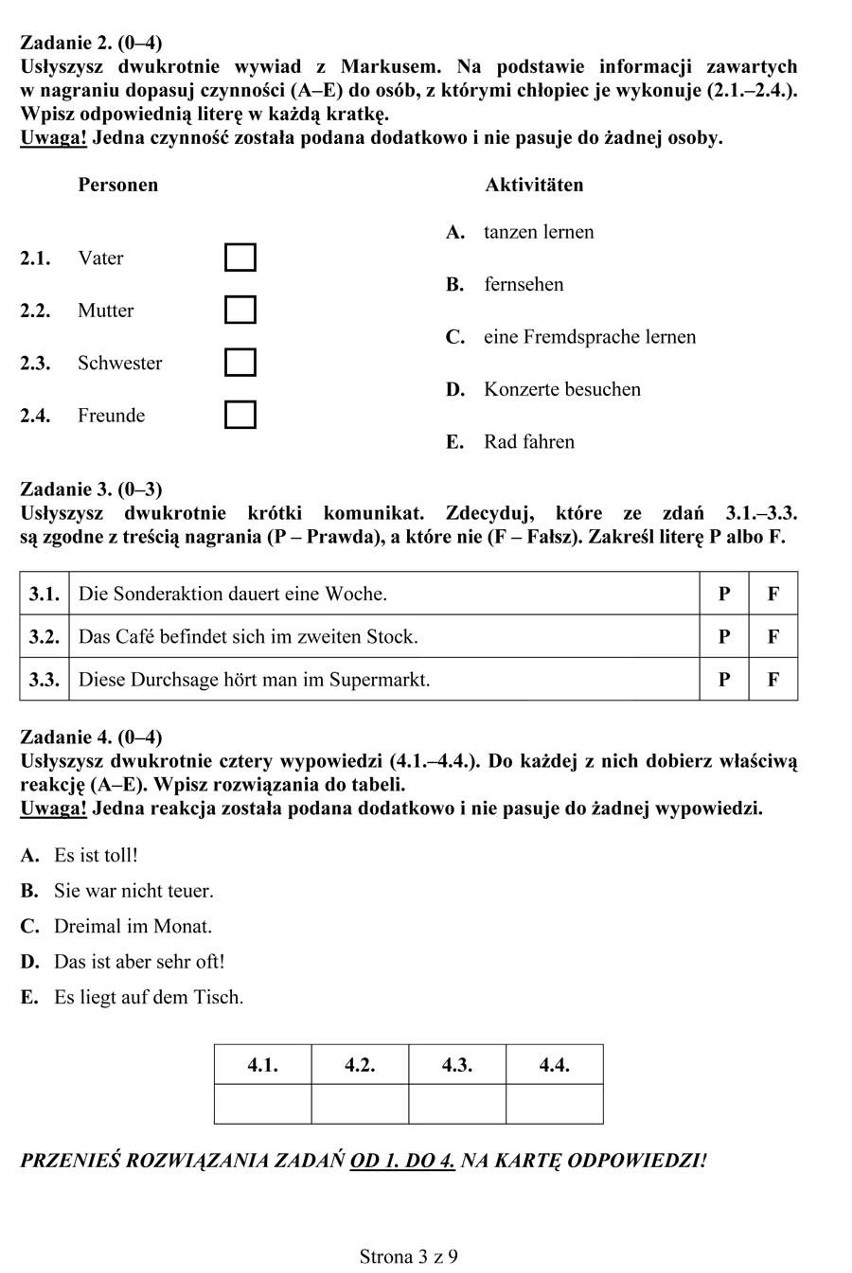 Próbny egzamin gimnazjalny 2012: język niemiecki - test