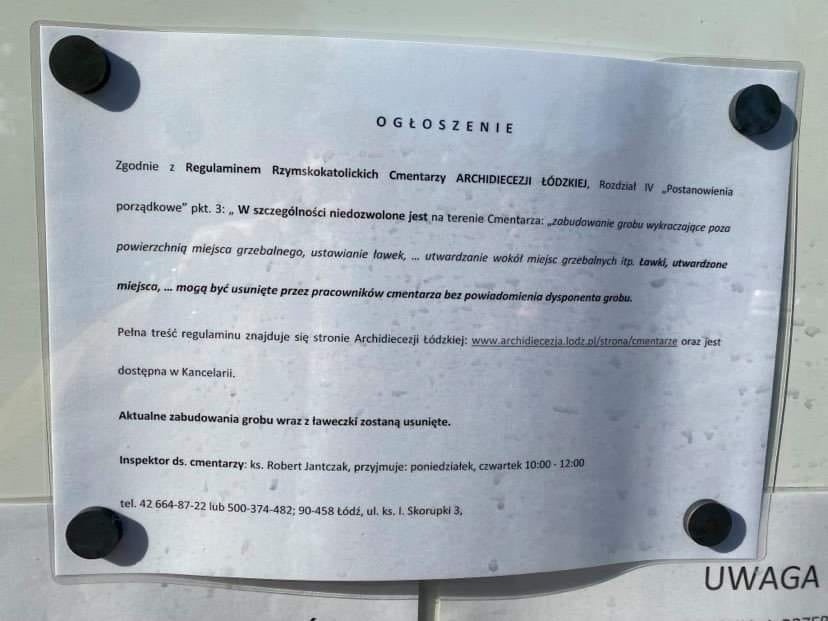 Zakaz ustawiania ławek na cmentarzu w Brzezinach. Mieszkańcy uważają, że Archidiecezja Łódzka w ten sposób mści się za pozwy sądowe