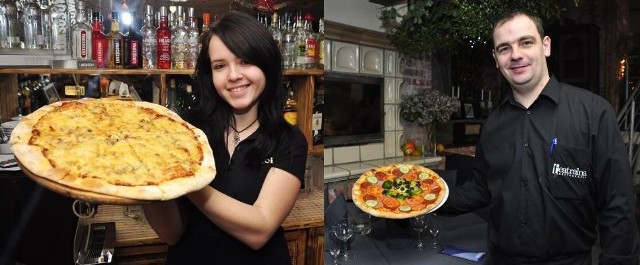 Zdjęcie po lewej: - Nasza pizza jest pieczona w piecu elektrycznym, na cienkim cieście i komponowana z różnych dodatków &#8211; prezentuje na zdjęciu Agnieszka Niewczas barmanka z klubu Alibi.Zdjęcie po prawej: Łukasz Mortka, kelner restauracji Teatralna, zaprasza na pizze.