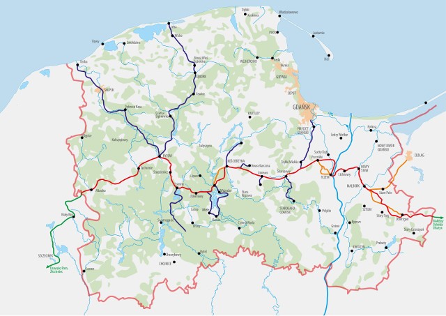 Przebieg Subregionalnej Trasy Rowerowej (kolor czerwony). W zachodniej części województwa pomorskiego szlak rozpocznie się tuż przed Miastkiem.