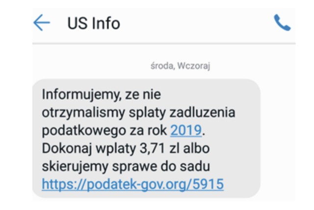 Przykładowy SMS z zawirusowanym linkiem.