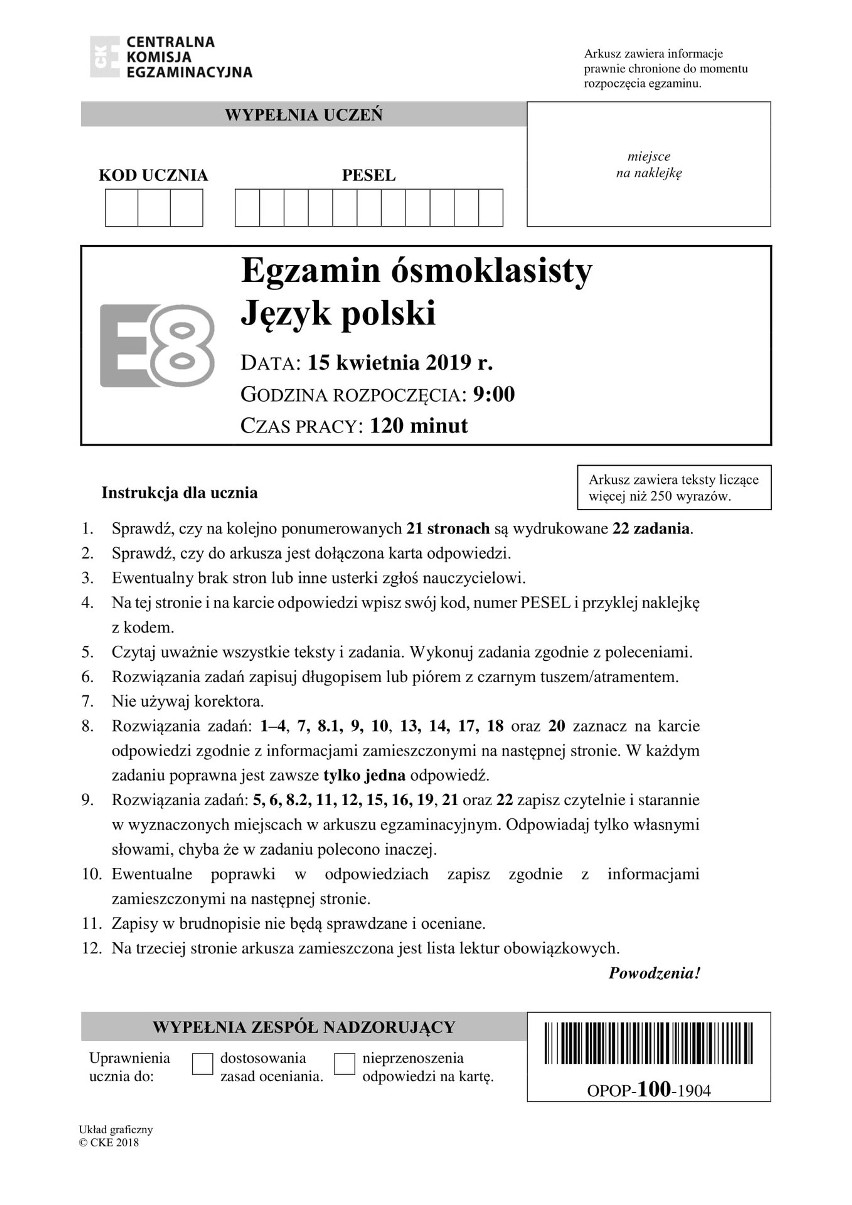 Egzamin ósmoklasisty 2019 POLSKI ODPOWIEDZI Egzamin ósmoklasisty z polskiego ARKUSZ cke 18 04 2019