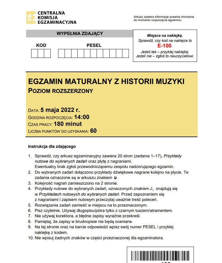 Matura 2022 Historia muzyki