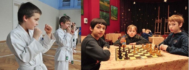Od lewej: uwielbiam przychodzić na treningi karate &#8211; zapewnia dziesięcioletni Mateusz Łagowski.- Bardzo lubimy grać w szachy, a na zajęciach w domu kultury zdobywamy coraz to nowsze umiejętności - chwalą się Szymon Zelga, Marcin Filipowicz i Dominik Kowal.