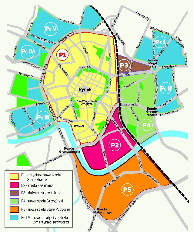 Mapa strefy płatnego parkowania w Krakowie, która obowiązywać będzie formalnie od 1 marca