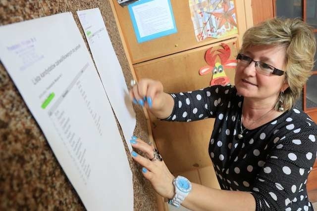 Listy z nazwiskami przyjętych i nieprzyjętych dzieci w Przedszkolu Miejskim nr 5 wywiesza Aleksandra Rutkowska