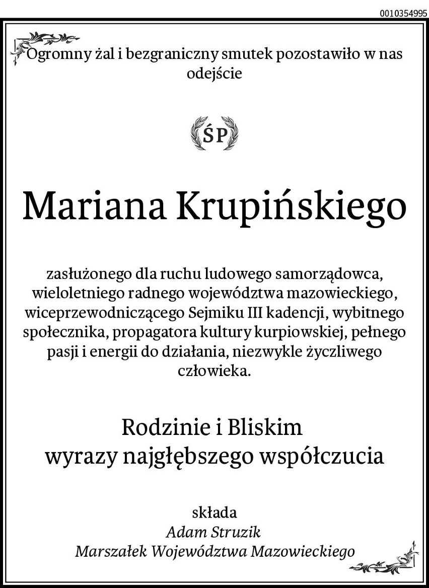 Marian Krupiński nie żyje. 27.11.2021 zmarł znany w regionie działacz ludowy, radny wojewódzki. Pogrzeb 3.12.2021