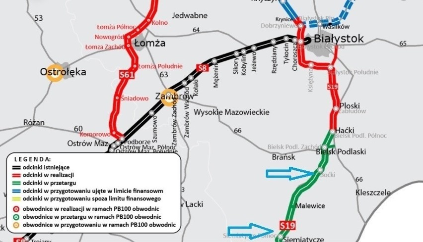 Niebieskimi strzałkami zaznaczono odcinek od węzła Boćki do...