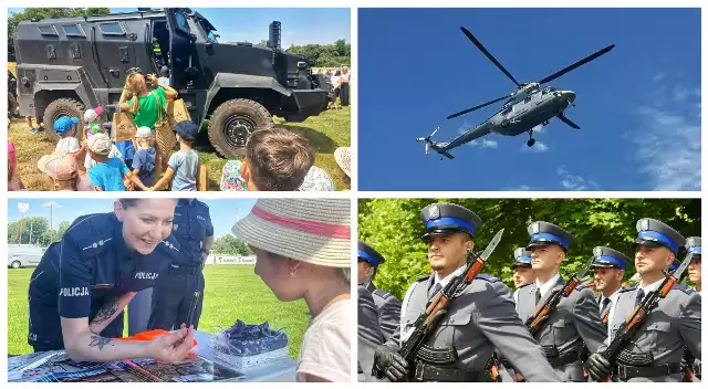 Wojewódzkie święto policji w Głubczycach. Śmigłowiec nad miastem, piknik rodzinny i uroczystość w rynku.