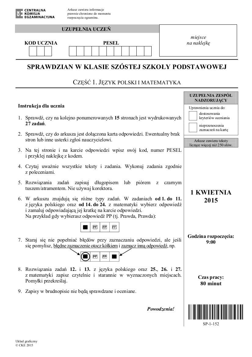 Sprawdzian szóstoklasisty 2015 TEST CKE [ODPOWIEDZI, ZADANIA, ARKUSZE