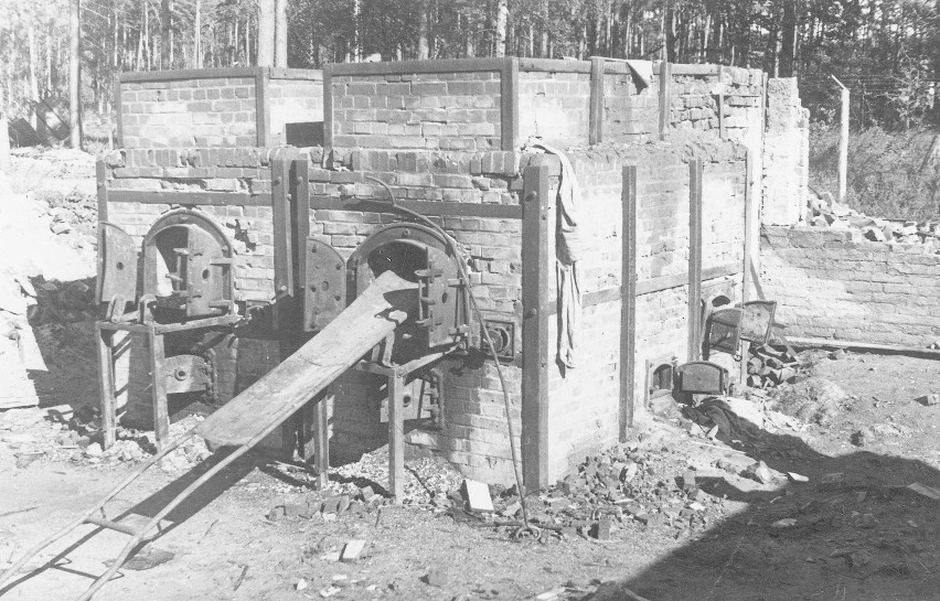 Ruiny obozowego krematorium wysadzonego przez Niemców w 1945