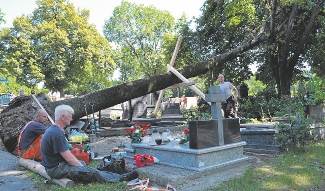 Gigantyczny dąb runął na groby - zaraz przy głównej alei, przy krzyżu - na największym cmentarzu w Rybniku przy Rudzkiej. Drzewa powywracały się też w Boguszowicach i Chwałowicach. Cały cmentarz parafialny przypomina pobojowisko.