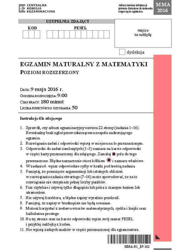 Matura Matematyka 2016 rozszerzona CKE Arkusze, Zadania i...