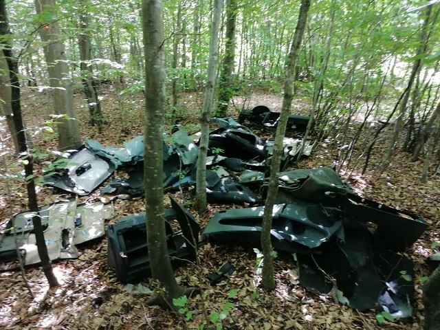 Niestety, mamy kolejnego śmieciarza. W pobliżu leśniczówki Świerkówko przy drodze wojewódzkiej 209 pomiędzy Borzytuchomiem a Bytowem, ktoś wyrzucił w lesie części samochodów.