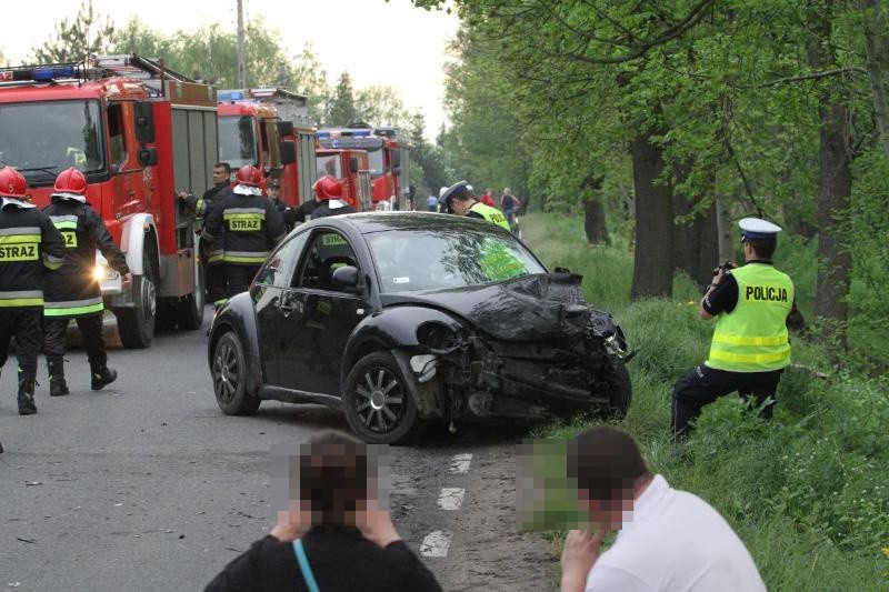 Wypadek pod Wrocławiem. Czołowe zderzenie w Kiełczówku. Volkswagen zatrzymał się na drzewie ZDJĘCIA