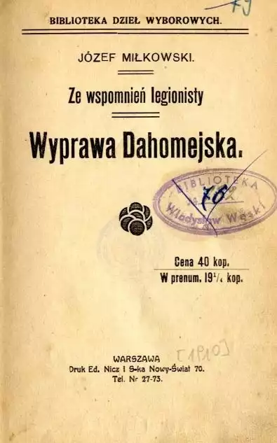 Karta tytułowa wspomnień Józef Miłkowskiego z wyprawy Dahomejskiej