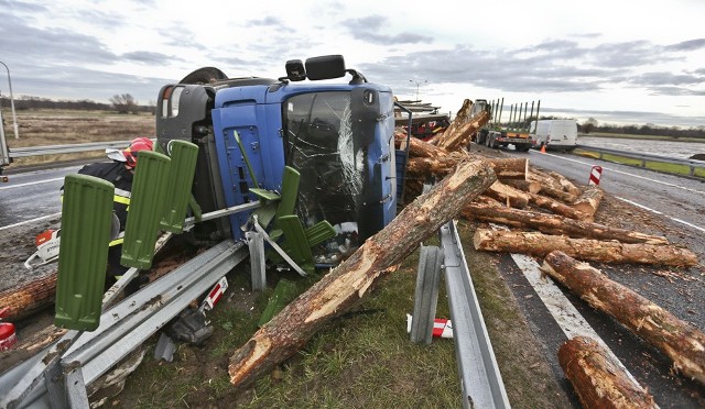 Do zdarzenia doszło w poniedziałek (11 grudnia) przed południem na drodze S3 z Sulechowa do Zielonej Góry. Przewróciła się ciężarówka przewożąca drewno. Droga w kierunku Zielonej Góry została zablokowana. Jak się okazało, pod ciężarówką przewożącą drzewo pękła opona. Ciężarówka uderzyła w barierki, przewróciła się, a drzewo z przyczep wypadło na jezdnie i uderzyło w busa. – Nagle zobaczyłem, że ciężarówka zaczęła tańczyć na drodze – opowiada nam świadek zdarzenia. Po chwili samochód przewrócił się na bok i roztrzaskał o barierki oddzielające jezdnie na S3. Jedna z metalowych barierek wbiła się do kabiny. – Na szczęście widząc co się dzieje przyspieszyłem. Gdybym tego nie zrobił, to drzewa zgniotłyby mnie w aucie – opowiada Krzysztof Jarnot z Zielonej Góry. Na jego opla upadła lampa skoszona przez ciężarówkę.O ogromnym szczęściu może mówić kierujący busem. – To były sekundy. Nagle na drogę z jezdni za barierkami wypadły ogromne bele drzewa i uderzyły w mojego busa – relacjonował kierowca busa. Odbił jak najbardziej na prawą stronę i przejechał po belach niszcząc zawieszenie auta. – Chwila i doszłoby do tragedii – mówi nam roztrzęsiony kierowca busa.Na S3 powstały poważne utrudnienia w ruchu, które mogą potrwać kilka godzin.Przypomnijmy, że to nie pierwsze zdarzenie dziś na drodze S3. Rano między Skwierzyną a Międzyrzeczem zderzyły się dwie ciężarówki. Tam na szczęście nikomu nic poważnego się nie stało.(vp, pij)Zobacz też: Najnowszy Magazyn Informacyjny GL (8.12.2017)