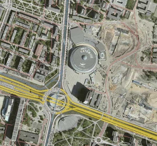 Katowice: Okolice Spodka na mapie z 2013 roku