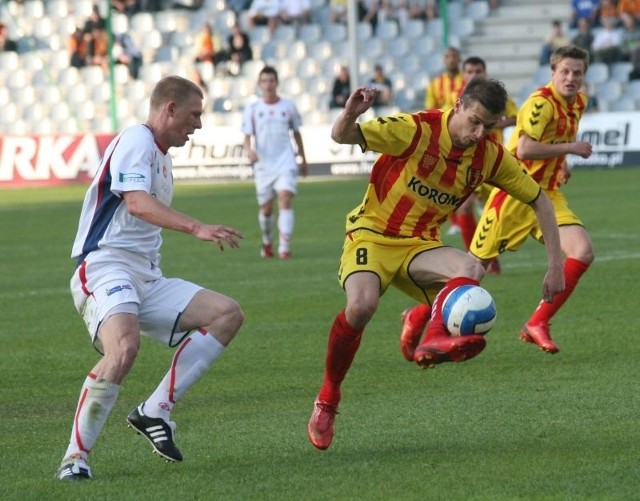 Łukasz Cichos w meczu z Odrą Opole zdobył swoją pierwszą bramkę w barwach Korony. Oby kolejną uzyskał już w sobotnim pojedynku z Wartą Poznań.