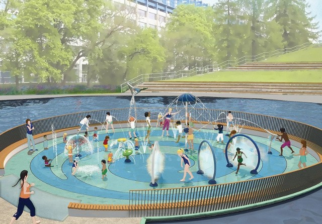 Wizualizacja wodnego placu zabaw w parku Jordana
