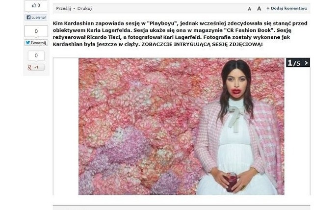 CZYTAJ TAKŻE:KIM KARDASHIAN CHCE POZOWAĆ NAGO!KIM KARDASHIAN PO RAZ PIERWSZY PO PORODZIE [ZDJĘCIA]Kim Kardashian zapowiada sesję w "Playboyu", jednak wcześniej zdecydowała się stanąć przed obiektywem Karla Lagerfelda. Sesja ukaże się ona w magazynie "CR Fashion Book". Sesję reżyserował Ricardo Tisci, a fotografował Karl Lagerfeld. Fotografie zostały wykonane jak Kardashian była jeszcze w ciąży. ZOBACZCIE INTRYGUJĄCĄ SESJĘ ZDJĘCIOWĄ W SERWISIE POLSKATIMES.PL!(fot. screen z polskatimes.pl)