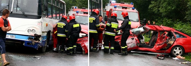 20-letni kierowca opla zjechał nagle na przeciwny pas ruchu i uderzył w autobus.