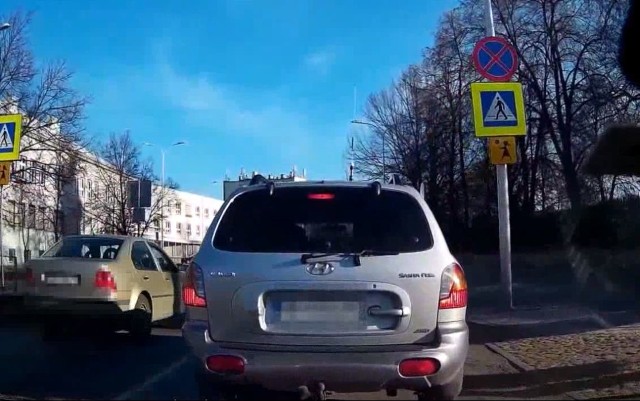 Kadr z filmu nagranego na alei IX Wieków Kielc. Jeden z kierowców zatrzymał się, by przepuścić pieszych, natomiast drugi szybko przejechał.