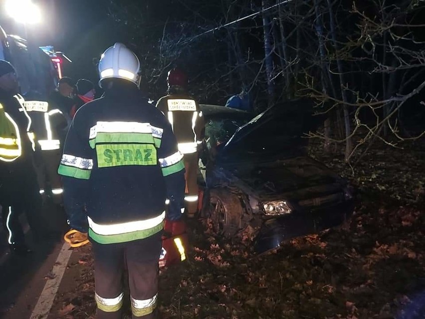 Wypadek w Krępkowicach, pow. lęborski 17.02.2020. Samochód osobowy uderzył w drzewo, jedna osoba poszkodowana 