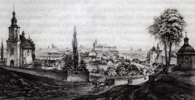 Widok Krakowa z Salwatora, rycina XIX-wieczna
