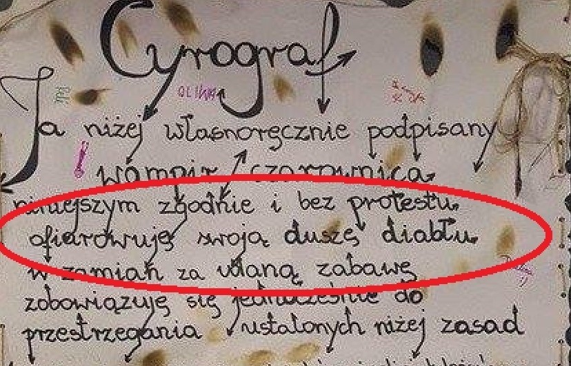 Taki cyrograf podpisały dzieci diabłu w czasie zabawy...