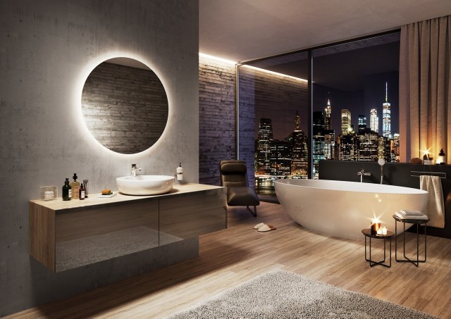 Elegancki wystrój łazienki, z nowoczesnymi elementami, sprawia, że ma ona charakter pięknego salonu kąpielowego.