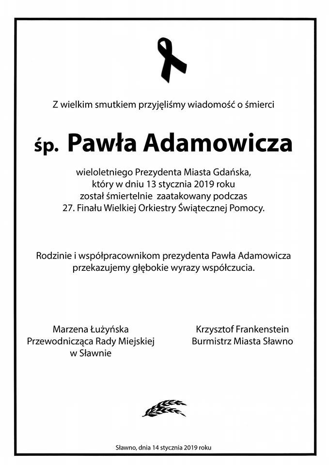Powiat sławieński. Samorządy przesyłają kondolencje rodzinie zmarłego prezydenta Gdańska