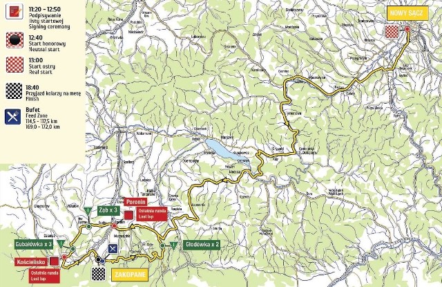 mapa 5. etapu TdP. Dziś kolarze przejadą z Nowego Sącza do Zakopanego. Jutro będą się ścigać wokół Bukowiny Tatrzańskiej, wjadą też do centrum Zakopanego