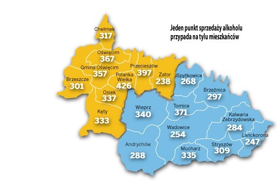 Na mapce pokazujemy, na ilu mieszkańców w danej gminie przypada jeden punkt sprzedaży alkoholu