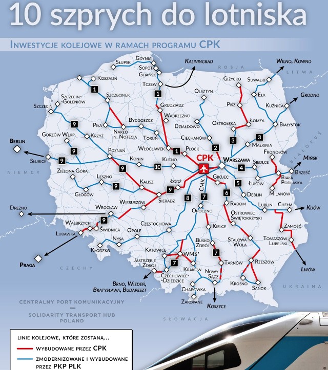 Infografika przedstawiająca planowane inwestycje kolejowe w ramach rozwoju Centralnego Portu Komunikacyjnego