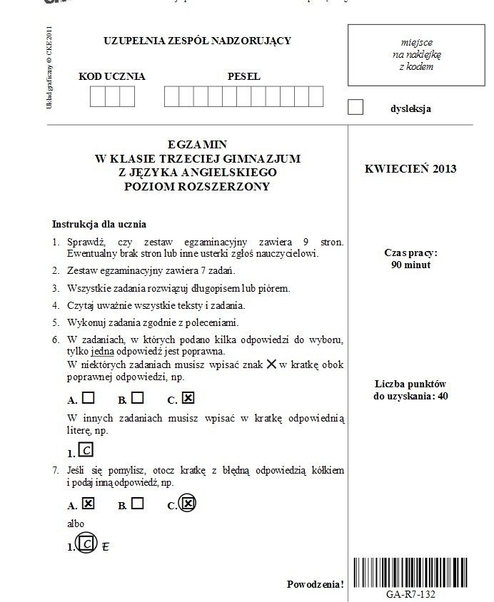 EGZAMIN GIMNAZJALNY 2013. Język angielski rozszerzony[ARKUSZE dla niesłyszących, ODPOWIEDZI wkrótce]