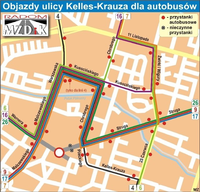 Mapka tras autobusów wokół Słonecznego Centrum.