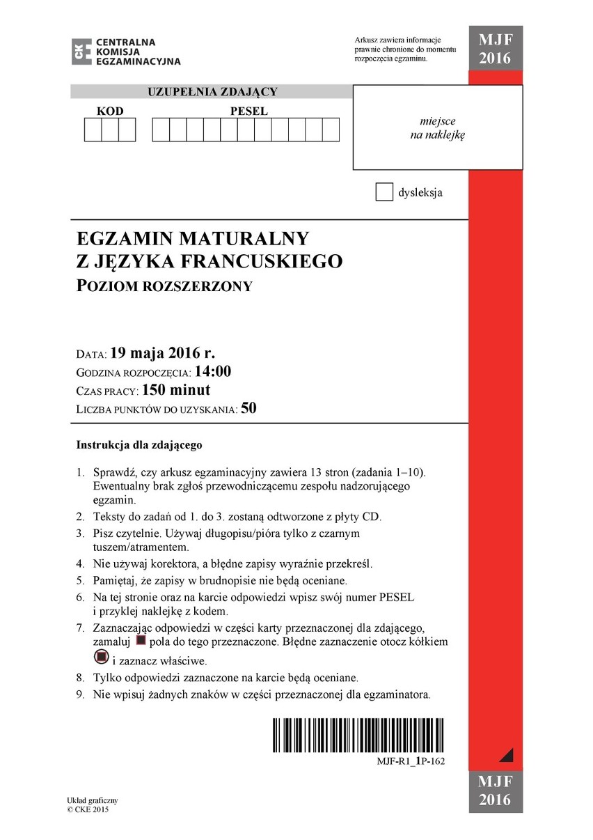 Matura 2016 Francuski rozszerzony ODPOWIEDZI