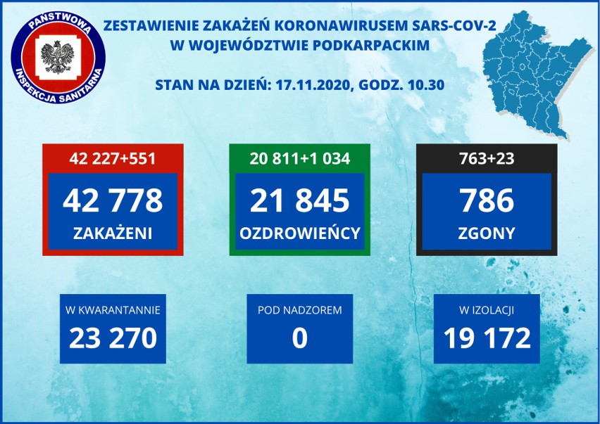 Koronawirus. 23 zgony i 551 zakażeń na Podkarpaciu. W Polsce 19 152 przypadki, śmierć 357 osób [17 LISTOPADA]