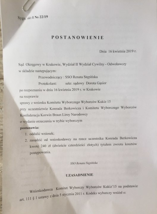 Wybory do Europarlamentu 2019. Berkowicz wygrał proces wyborczy z Kukiz'15