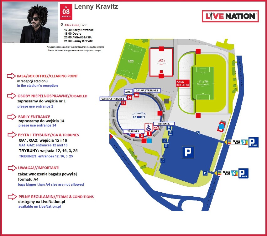 Lenny Kravitz - mapka Atlas Aren i okolic podczas koncertu. Co muzyk zagrał podczas poprzedniego występu?
