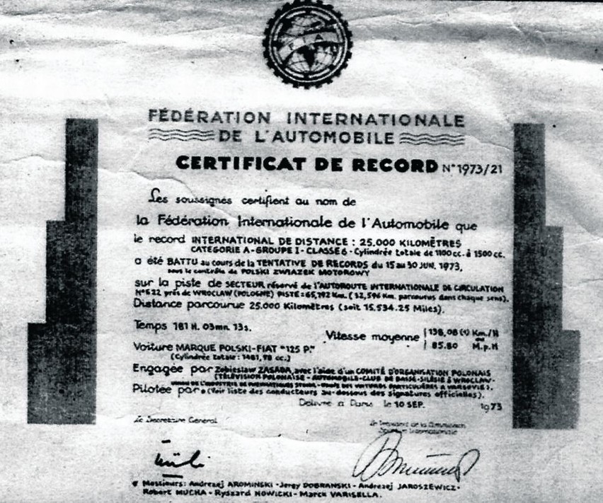 Certyfikat FIA potwierdzający wynik Polskiego Fiata na...