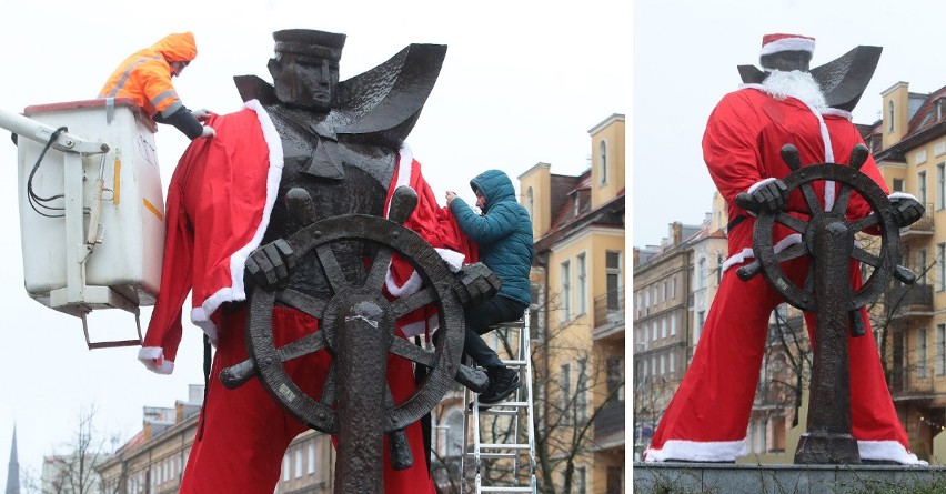 Marynarz z alei Fontann w Szczecinie zmienił się w Świętego Mikołaja! Zdjęcia z uroczystego ubierania pomnika