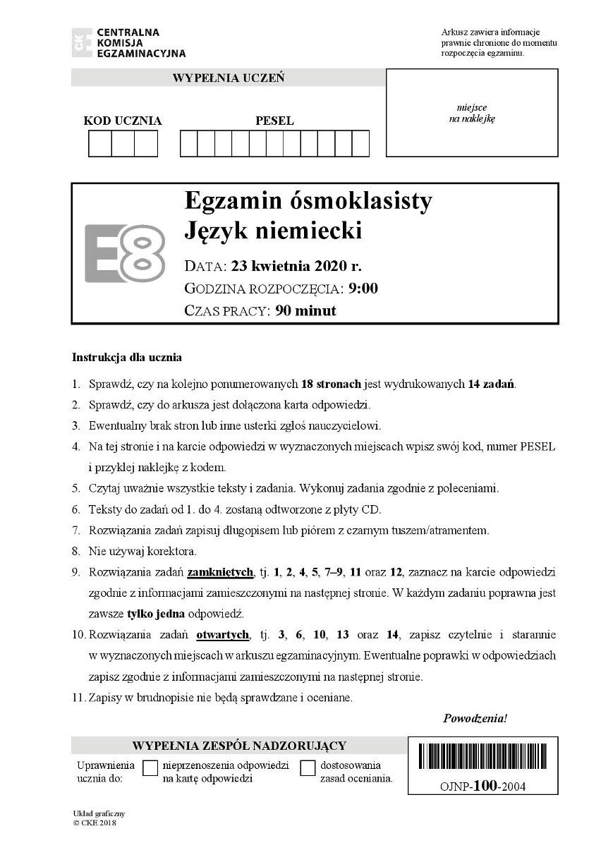 Egzamin ósmoklasisty - język niemiecki: Odpowiedzi i arkusz...