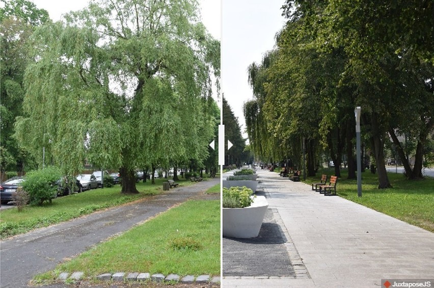 Oleska promenada przy ul. Murka przed i po rewitalizacji.