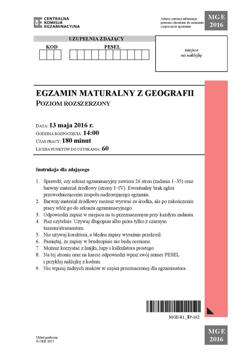 Matura 2016 z geografii (ARKUSZ)