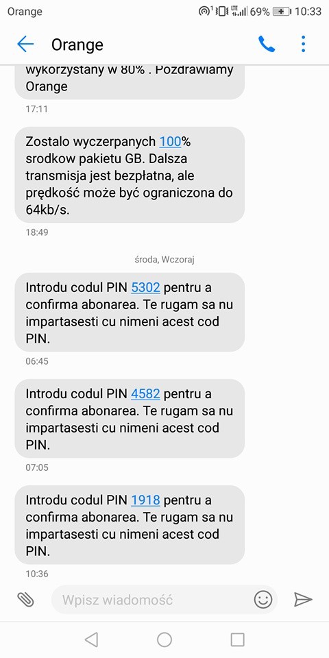 Wiadomości SMS z PIN-ami