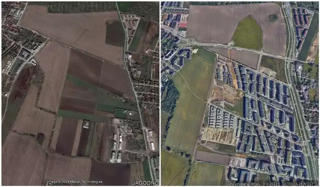 W galerii prezentujemy zdjęcia satelitarne Jagodna we Wrocławiu  z Google Earth, które najlepiej oddają skalę rozbudowy i zmian jakie zaszły. Zostały zrobione przez NASA w latach 2000-2023.