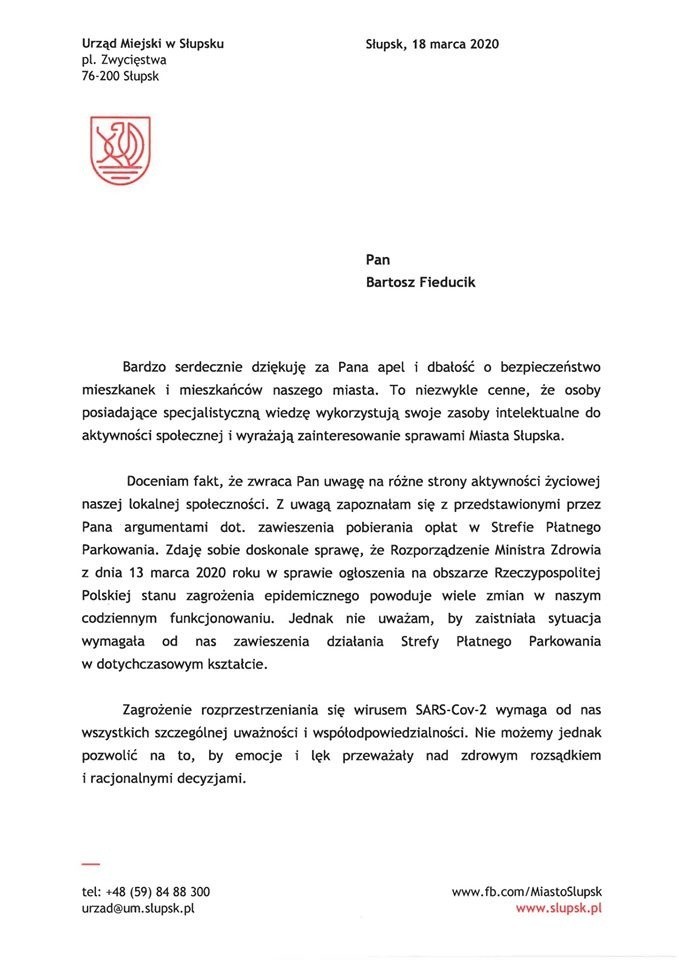 Słupsk nie zrezygnuje z opłat w strefie płatnego parkowania - odpowiedź prezydentki na list mecenasa Bartosza Fieducika