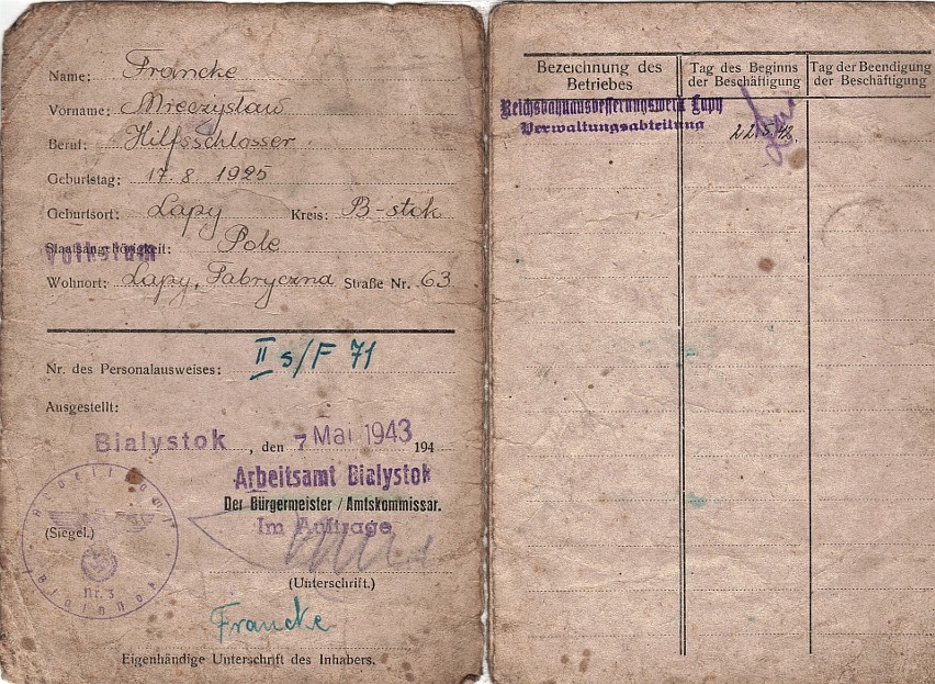 Mieczysław Francke - dokumenty z czasów II wojny światowej